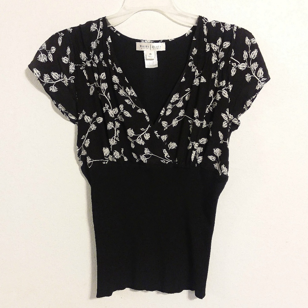 White House Black Market Floral Black Blouse Top